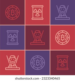 Fijar la línea Cryptocurrency coin Bitcoin, Holograma e icono del barril de desechos radiactivos. Vector