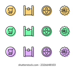 Set line Cryptocurrency coin Bitcoin, Shopping cart, Paper shopping bag and Price tag with Sale icon. Vector