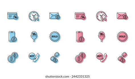 Set line Cryptocurrency coin Bitcoin, Phone and speech bubble with Buy, Discount card percent, Chain link, Lead management, Sold label, Smartphone dollar and Clock 24 hours icon. Vector