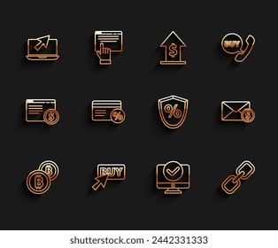 Moneda de criptomoneda Bitcoin, botón Comprar, Laptop y cursor, Monitor de computadora, Enlace de cadena, Tarjeta de descuento con porcentaje, Dólar sobre e icono de préstamo. Vector