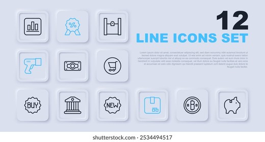 Set line Cryptocurrency coin Bitcoin, Piggy bank, Stacks paper money cash, Carton cardboard box, Scanner scanning bar code, Bank building, Discount percent tag and Price with New icon. Vector