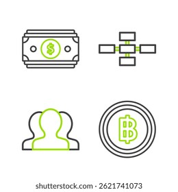 Set line Cryptocurrency coin Bitcoin, Users group, Business hierarchy organogram chart infographics and Stacks paper money cash icon. Vector