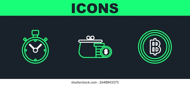 Set line Cryptocurrency coin Bitcoin, Stopwatch and Wallet with coins icon. Vector