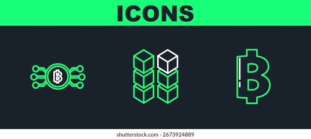 Set line Cryptocurrency coin Bitcoin, bitcoin circle with microchip circuit and Blockchain technology icon. Vector