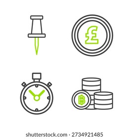 Set line Cryptocurrency coin Bitcoin, Stopwatch, Coin money with pound sterling symbol and Push pin icon. Vector