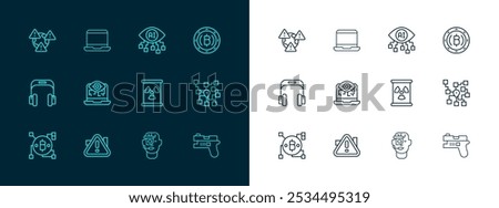Set line Cryptocurrency coin Bitcoin, Exclamation mark triangle, Radioactive waste barrel, Smart glasses spectacles, Computer vision, Earth with exclamation and Laptop icon. Vector