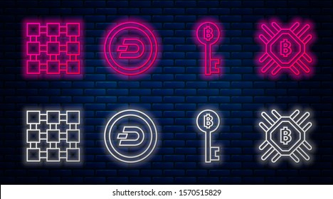 Set line Cryptocurrency coin Dash, Cryptocurrency Bitcoin key, Blockchain technology and CPU mining farm. Glowing neon icon on brick wall. Vector