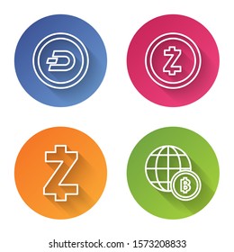 Set line Cryptocurrency coin Dash, Cryptocurrency coin Zcash ZEC, Cryptocurrency coin Zcash ZEC and Globe and cryptocurrency coin Bitcoin. Color circle button. Vector