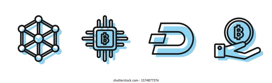 Set line Cryptocurrency coin Dash, Blockchain technology, CPU mining farm and Hand holding Bitcoin icon. Vector