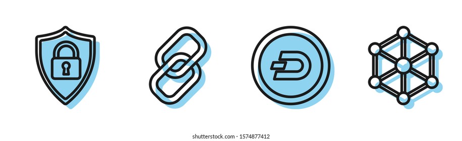 Set line Cryptocurrency coin Dash, Shield security with lock, Chain link and Blockchain technology icon. Vector