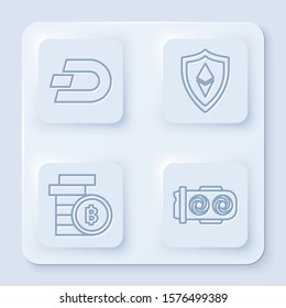 Set line Cryptocurrency coin Dash, Shield Ethereum ETH, Cryptocurrency coin Bitcoin and Mining farm. White square button. Vector