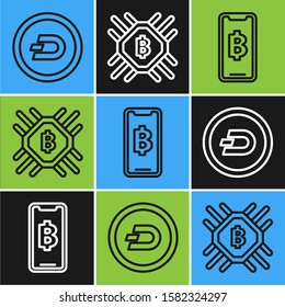 Set line Cryptocurrency coin Dash, Phone mobile and cryptocurrency coin Bitcoin and CPU mining farm icon. Vector