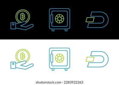 Fijar la línea Cryptocurrency coin Dash, Hand Hold Bitcoin e icono Safe. Vector