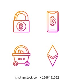 Set line Cryptocurrency coin Ethereum ETH, Shopping basket with bitcoin, Lock with bitcoin and Phone mobile and cryptocurrency coin Bitcoin. Gradient color icons. Vector