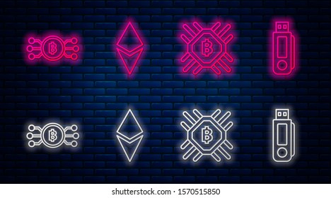 Set line Cryptocurrency coin Ethereum ETH, CPU mining farm, Cryptocurrency bitcoin in circle with microchip circuit and USB flash drive. Glowing neon icon on brick wall. Vector