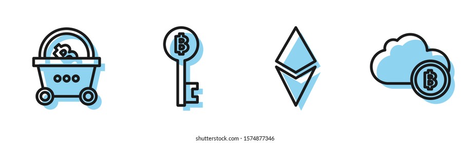 Set line Cryptocurrency coin Ethereum ETH, Shopping basket with bitcoin, Cryptocurrency Bitcoin key and Cryptocurrency cloud mining icon. Vector