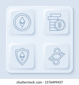 Set line Cryptocurrency coin Ethereum ETH, Cryptocurrency coin Bitcoin, Shield Ethereum ETH and Cryptocurrency key. White square button. Vector