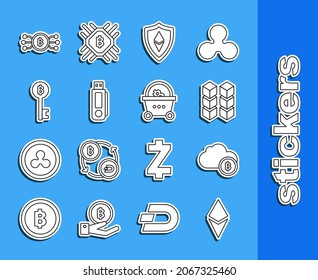 Set line Cryptocurrency coin Ethereum ETH, cloud mining, Blockchain technology, Shield, USB flash drive, Bitcoin key, bitcoin circle with microchip circuit and Shopping basket icon. Vector