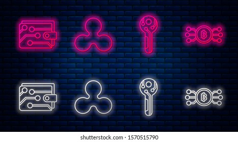 Set line Cryptocurrency coin Ripple XRP, Cryptocurrency key, Cryptocurrency wallet and Cryptocurrency bitcoin in circle with microchip circuit. Glowing neon icon on brick wall. Vector