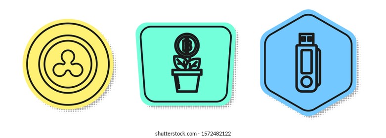Set line Cryptocurrency coin Ripple XRP, Bitcoin plant in the pot and USB flash drive. Colored shapes. Vector