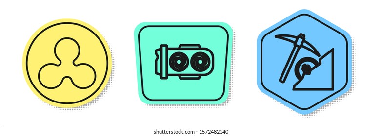 Set line Cryptocurrency coin Ripple XRP, Mining farm and Cryptocurrency cloud mining. Colored shapes. Vector