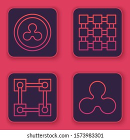 Set line Cryptocurrency coin Ripple XRP, Blockchain technology, Blockchain technology and Cryptocurrency coin Ripple XRP. Blue square button. Vector