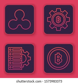 Set line Cryptocurrency coin Ripple XRP, Server and gear, Cryptocurrency coin Bitcoin and Cryptocurrency coin Bitcoin. Blue square button. Vector