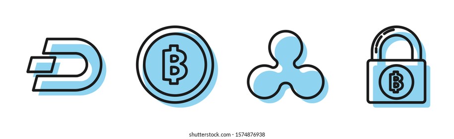 Set line Cryptocurrency coin Ripple XRP, Cryptocurrency coin Dash, Cryptocurrency coin Bitcoin and Lock with bitcoin icon. Vector