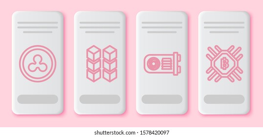 Set line Cryptocurrency coin Ripple XRP, Blockchain technology, Mining farm and CPU mining farm. White rectangle button. Vector