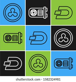 Set line Cryptocurrency coin Ripple XRP, Cryptocurrency coin Dash and Mining farm icon. Vector