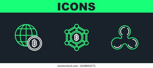 Definir linha Moeda criptomoeda Ondulação XRP, Globo e criptomoeda Bitcoin e ícone de tecnologia Blockchain. Vetor