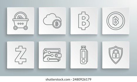 Set line Cryptocurrency coin Zcash ZEC, cloud mining, wallet, USB flash drive, Shield security with lock, Bitcoin,  and Shopping basket bitcoin icon. Vector