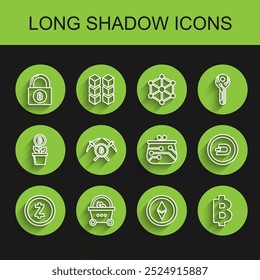 Set line Cryptocurrency coin Zcash ZEC, Shopping basket with bitcoin, Lock, Ethereum ETH, Bitcoin, Crossed pickaxe, Dash and wallet icon. Vector