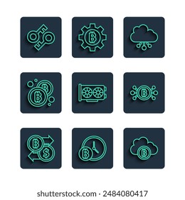Set line Cryptocurrency exchange, Bitcoin with clock, cloud mining, Video graphic card, key and circuit icon. Vector