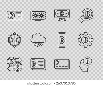 Set line Cryptocurrency exchange, Bitcoin think, with circuit, browser, Credit card bitcoin, cloud mining,  and  icon. Vector