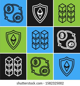 Set line Cryptocurrency exchange, Blockchain technology and Shield Ethereum ETH icon. Vector