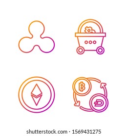 Set line Cryptocurrency exchange, Cryptocurrency coin Ethereum ETH, Cryptocurrency coin Ripple XRP and Shopping basket with bitcoin. Gradient color icons. Vector