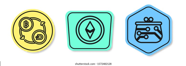 Set line Cryptocurrency exchange, Cryptocurrency coin Ethereum ETH and Cryptocurrency wallet. Colored shapes. Vector