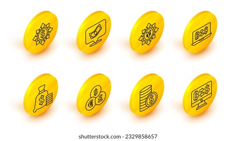 Set line Cryptocurrency exchange, Coin money with dollar, Currency, Money bag, Yen, Stacks paper cash and Dollar, share, network icon. Vector