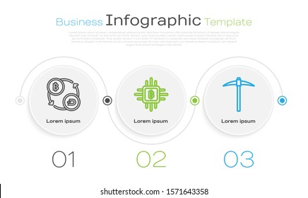 Set line Cryptocurrency exchange, CPU mining farm and Pickaxe. Business infographic template. Vector