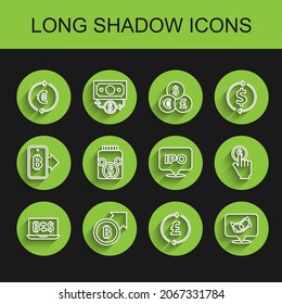 Set line Cryptocurrency exchange, Financial growth and bitcoin, Coin money with euro symbol, pound, Stacks paper cash, Glass jar, Hand holding and IPO icon. Vector