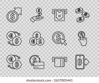 Set line Cryptocurrency exchange, Mining bitcoin from mobile, ATM and money, Credit card, Financial growth dollar, Currency, inserted and Hand holding icon. Vector
