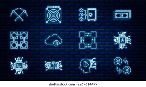 Set line Cryptocurrency exchange, Processor chip with dollar, Proof of stake, cloud mining, Blockchain technology, Crossed pickaxe,  and ASIC Miner icon. Vector