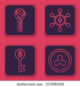 Set line Cryptocurrency key, Cryptocurrency Bitcoin key, Blockchain technology Ethereum ETH and Cryptocurrency coin Ripple XRP. Blue square button. Vector