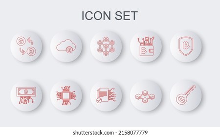 Set line Cryptocurrency key, bitcoin with circuit, Blockchain technology, exchange, cloud mining, Processor and Smart contract icon. Vector