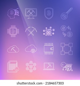 Set line Cryptocurrency key, Blockchain technology, exchange, Shield with bitcoin, Crossed pickaxe, CPU mining farm, Bitcoin think and ASIC Miner icon. Vector