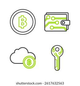 Set line Cryptocurrency key, cloud mining, wallet and coin Bitcoin icon. Vector