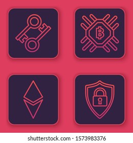 Set line Cryptocurrency key, Cryptocurrency coin Ethereum ETH, CPU mining farm and Shield security with lock. Blue square button. Vector