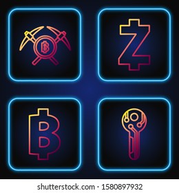 Set line Cryptocurrency key, Cryptocurrency coin Bitcoin, Crossed pickaxe and Cryptocurrency coin Zcash ZEC. Gradient color icons. Vector