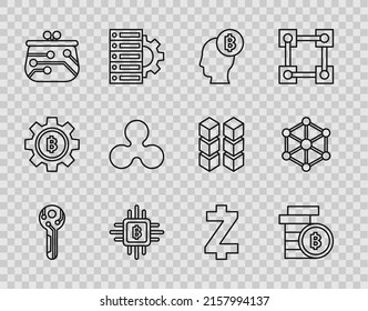 Fijar la clave Cryptocurrency, moneda Bitcoin, pensar, granja de minería de CPU, cartera, Ripple XRP, Zcash ZEC e icono de tecnología Blockchain. Vector
